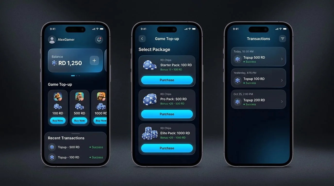 Screenshot topup game RD di Dream Topup Pro — chip & koin emas